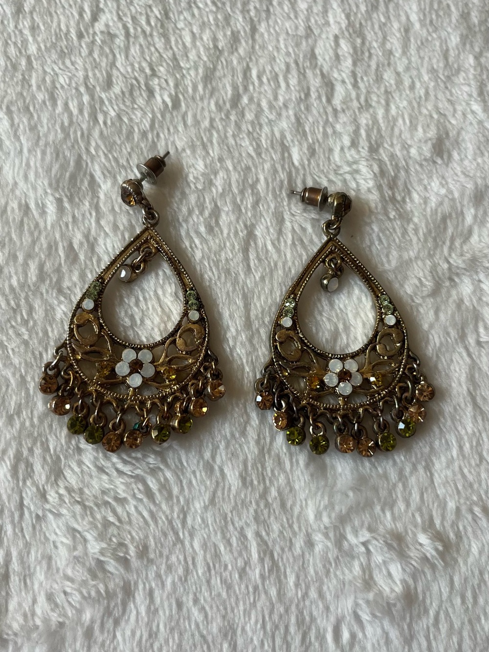 Antique Gold Teardrop Earrings with Green and Amber Crystal Dangles